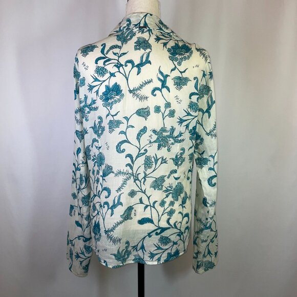 IKKS French Floral Linen Blouse Size L Long Sleeves Gauzy Collared Button Down - Picture 3 of 7